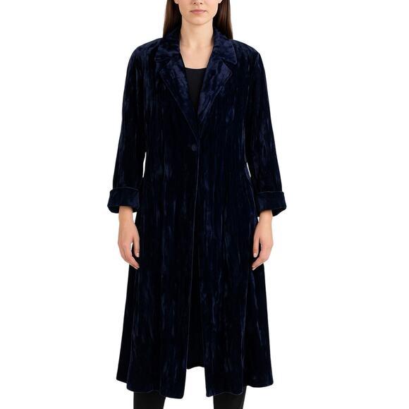 Vintage Alberto Makati Crushed Velvet Duster Long Jacket Sz S Navy Boho Glam - Picture 1 of 7